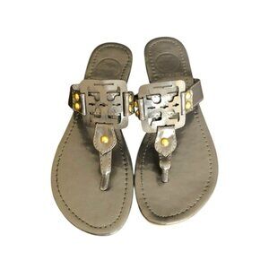Tory Burch Miller Sandals Gunmetal Leather Thong Size 7 Metallic